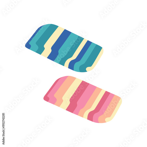 Two colored erasers. Rubber tool for erasing pencil marks. School supplies, stationery. Hand drawn vector illustration isolated on white background, modern flat cartoon style.