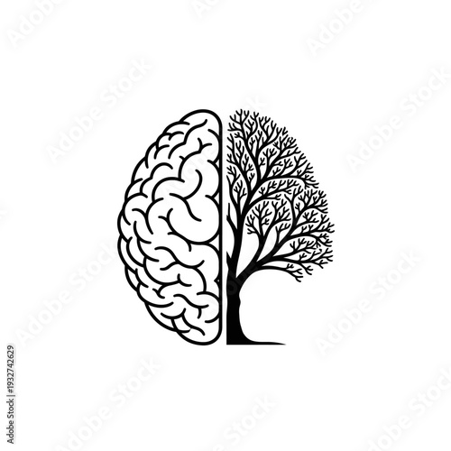 Brain and tree illustration symbolizing knowledge, growth, and the connection between mind and nature.