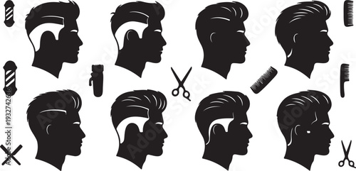 Set of Male Haircut Styles and Barber Shop Tools Black Vector Silhouettes isolated PNG with Transparent Background