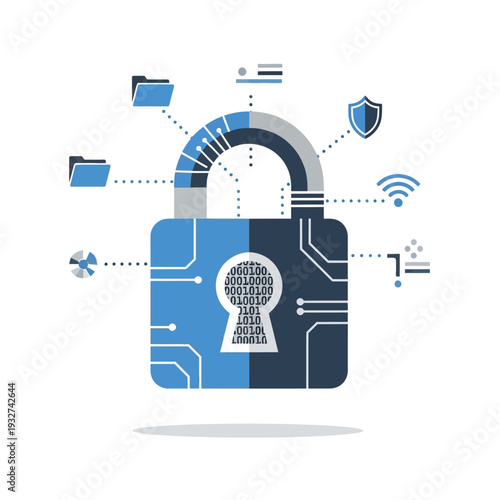 Conceptual illustration of cybersecurity and data protection with a padlock.