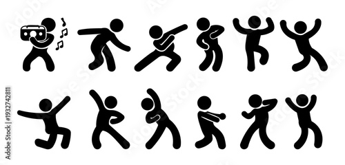 Dancing People Icons Black Silhouette Set – Stickman Dance Moves, Party, Celebration and Music Vector Collection.