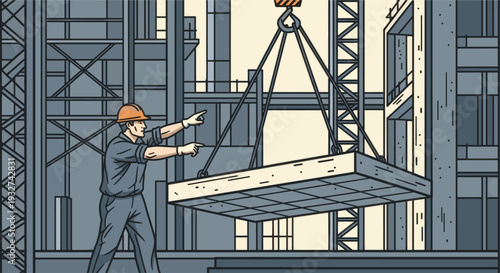 Illustration of a construction worker in an orange hardhat guiding a crane as it lifts a large concrete slab on a construction site, depicted in a clean, graphic style.