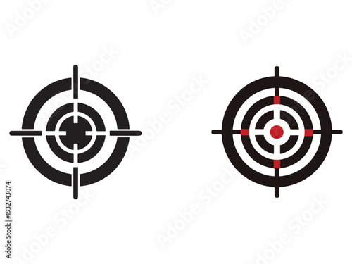 Two black and white target icons with crosshairs and red accents for aiming and focus purposes  business and design elements