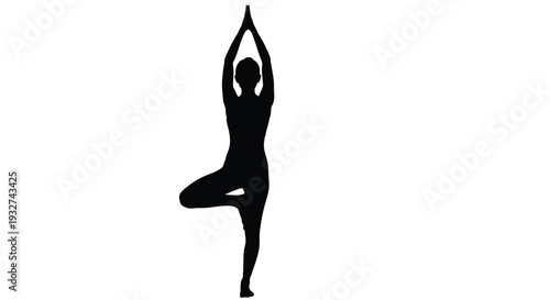 Silhouette of a person performing the tree pose yoga asana against a white background