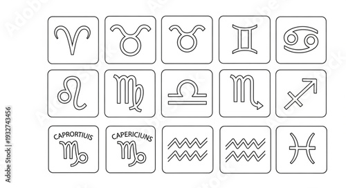 Zodiac signs arranged in a grid, representing astrological symbols and concepts.