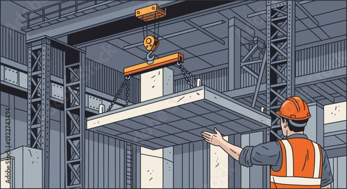 An illustration shows a construction worker with a safety vest and helmet supervising a crane lifting a concrete slab within a steel industrial framework, in a cool color palette.