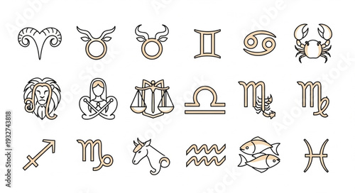 Zodiac signs symbols representing astrological concepts and celestial bodies in the universe.