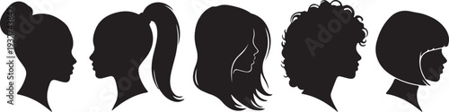 Set of Black Women's Head Silhouettes with Various Hairstyles in Profile View isolated PNG with Transparent Background