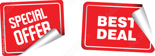 Two red stickers with special offer and best deal text