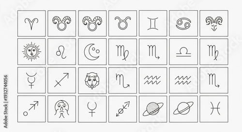Zodiac Signs Depicted in a Grid, Representing Astrological Symbols and Concepts.
