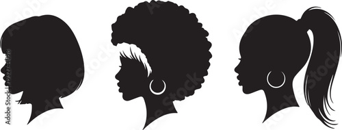 Black Female Head Profile Silhouettes Set: Bob, Afro Hair with Hoop Earring, and Ponytail. Isolated Vector Graphic. isolated PNG with Transparent Background