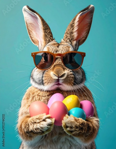 easter bunny rabbit wearing sunnies, shades, sunglasses holding colourful easter eggs