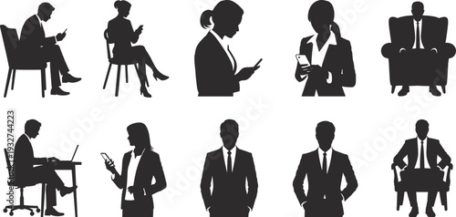 Silhouette of business professionals in various poses with mobile devices, laptops, seated and standing positions, corporate vector illustration for Adobe Stock