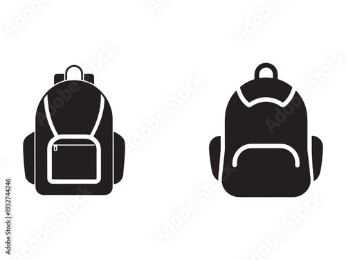 Two black backpacks with white outlines on white background for school and travel needs  simple iconic design