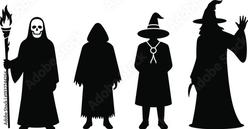 Silhouette of fantasy characters including wizard, sorcerer, grim reaper, hooded ghost, Halloween costume design, magical figure vector illustration