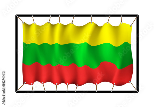 Flag of Lithuania. Realistig banner on ropes isolated on white background. Vector illustration