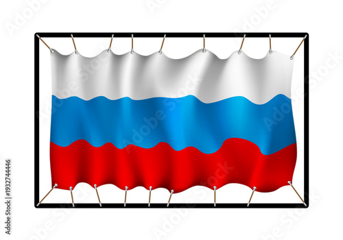 Flag of Russia. Realistig banner on ropes isolated on white background. Vector illustration
