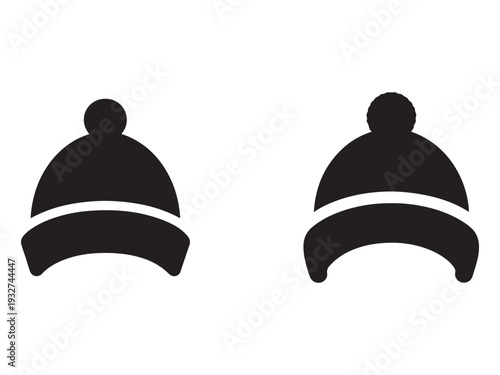 Two black beanie hats with pom poms on top and white stripes  winter clothing accessories