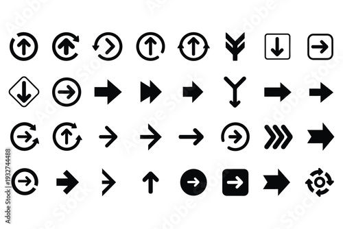 Collection of various black arrows and directional symbols on white background