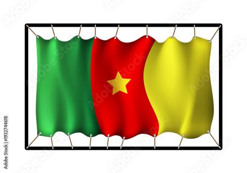 Flag of Cameroon. Realistig banner on ropes isolated on white background. Vector illustration