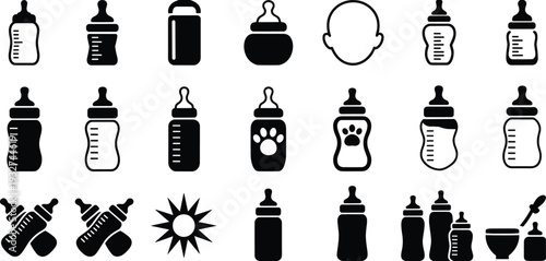 Baby Bottle and Infant Feeding Icon Set Black Silhouette Vector Collection Isolated on White Background for Childcare, Newborn Nutrition and Nursery Design