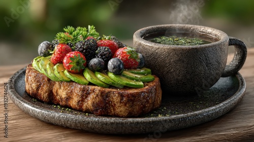 Avocado bread and berry sandwich, a delicious breakfast