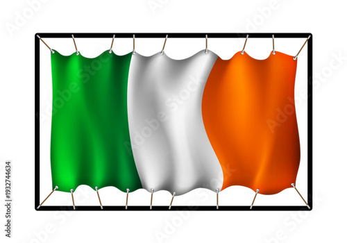 Flag of Ireland. Realistig banner on ropes isolated on white background. Vector illustration