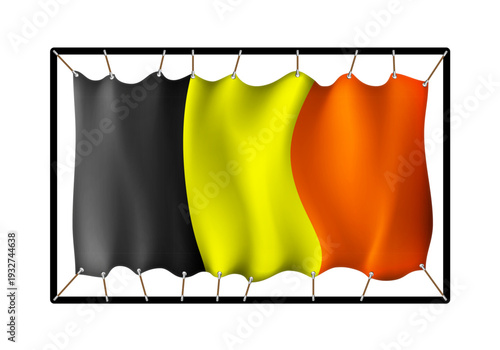Flag of Belgium. Realistig banner on ropes isolated on white background. Vector illustration