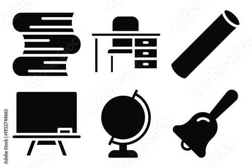 School and education icons: stack of books, desk, chalk, blackboard, globe, school bell