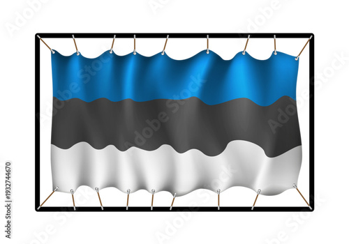 Flag of Estonia. Realistig banner on ropes isolated on white background. Vector illustration