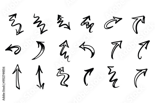 A collection of 20 hand drawn arrows in various styles and directions