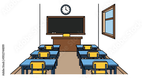 Simple classroom illustration featuring desks a chalkboard and a window