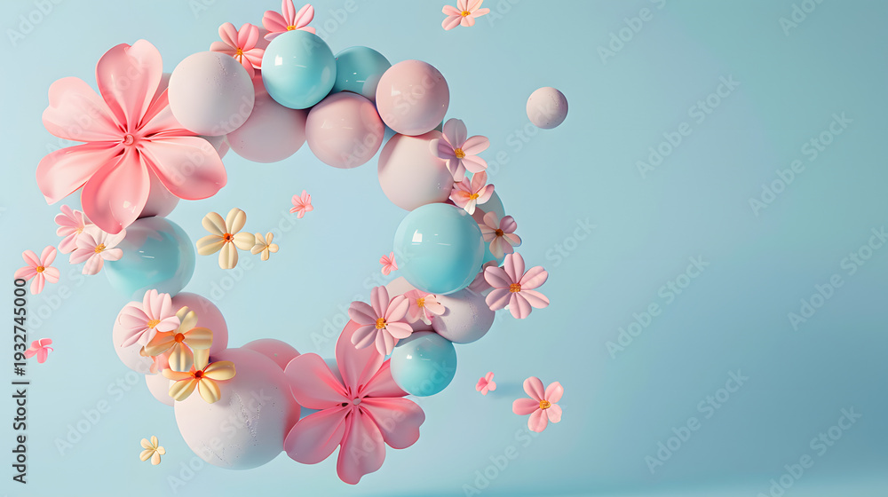 Fototapeta premium Pastel spheres and floral arrangement