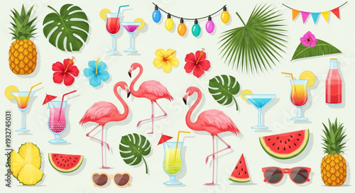 Tropical summer elements collection with flamingos, cocktails, and fruits for vacation.