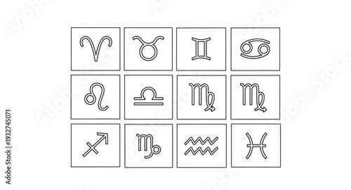 Zodiac signs arranged in a grid, representing astrological concepts and symbolism.