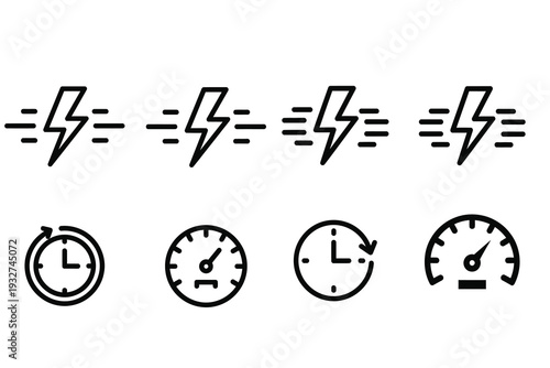 Speed and time icons lightning bolts and clocks