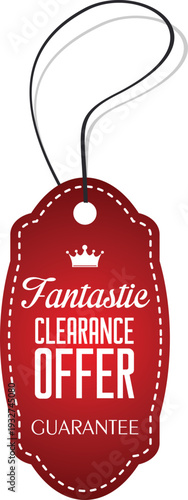 A red tag with a clearance offer guarantee