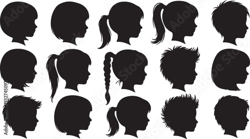 Set of Black Vector Silhouettes of Children's Heads in Profile View isolated PNG with Transparent Background