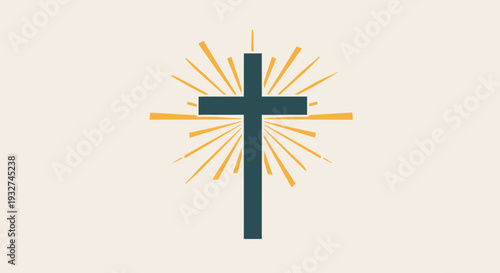 Cross with Light Rays Flat Vector Illustration