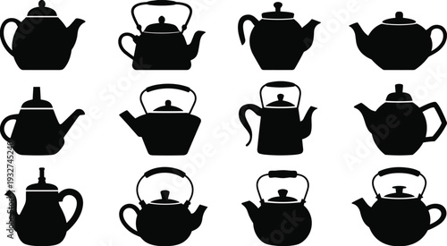 Teapot silhouette collection isolated on white background featuring classic ceramic and metal tea kettle shapes black vector illustration for kitchen design