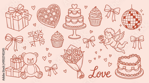 Valentine's Day love icon set in hand-drawn outline style, hearts, cakes, gifts, teddy bears, and cherubs