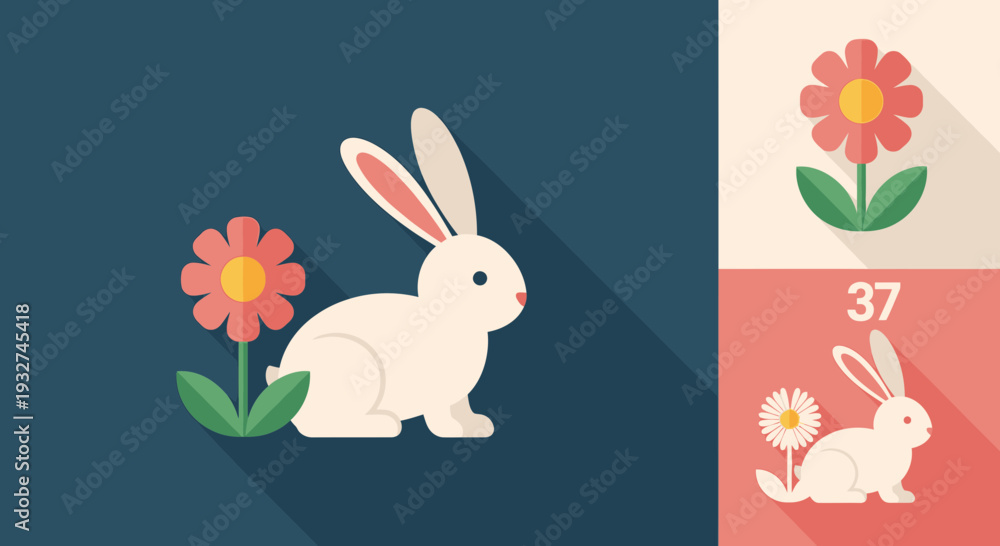 Fototapeta premium Cute Bunny with Flower Flat Vector Illustration