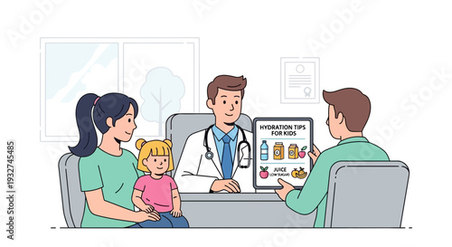 Doctor Advises Family on Hydration Tips with Tablet in Medical Office