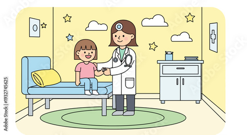 Doctor examining happy child patient in medical examination room