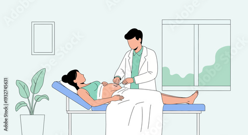 Doctor examining pregnant woman's belly with ultrasound device in clinic