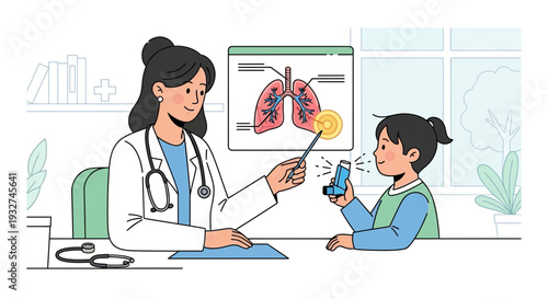 Doctor explaining lungs and asthma inhaler to a child patient