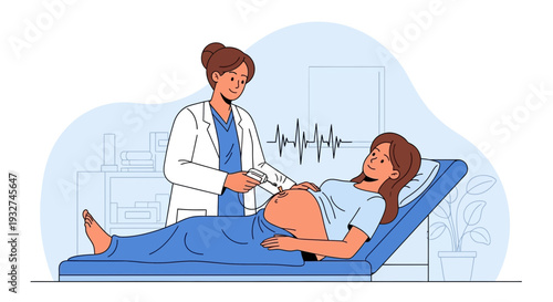 Doctor performing ultrasound on pregnant woman, expecting mother health checkup