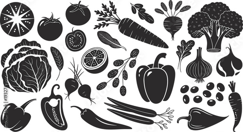Vegetable silhouette collection isolated on white background featuring tomato carrot broccoli pepper onion cabbage and leafy greens vector illustration set