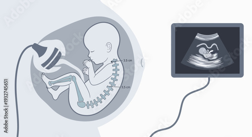 Fetus in uterus with ultrasound scan showing spine development, medical checkup