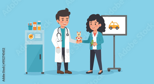 Doctor Gives Teddy Bear To Child Patient In Medical Office